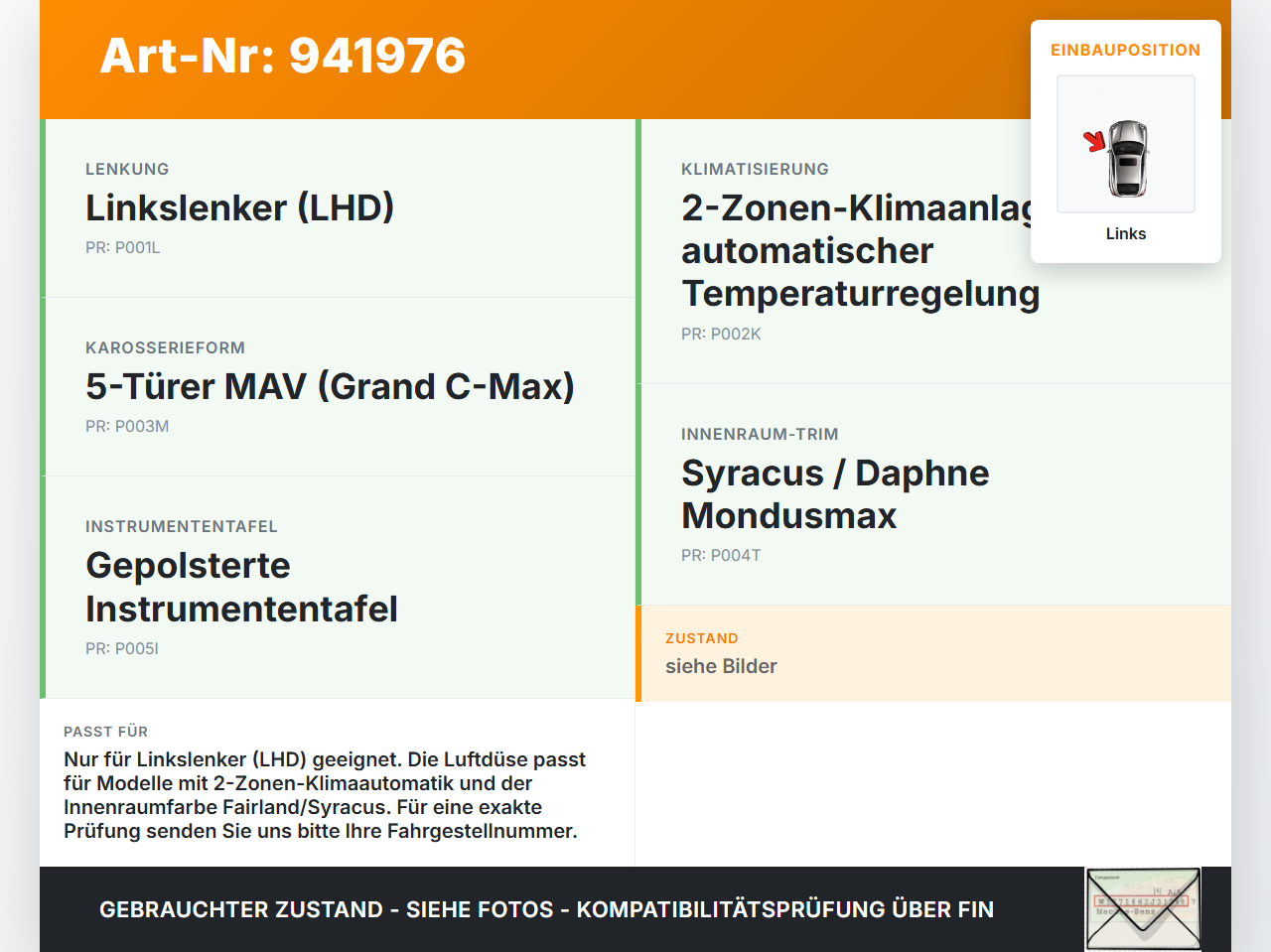 Ford Grand C-Max II 10-15 Luftdusche Luftdüse Links Ford Grand C-Max II 10-15 22.05.2012 AM51-R014L21-CF3YYW gebraucht Vorschau 3