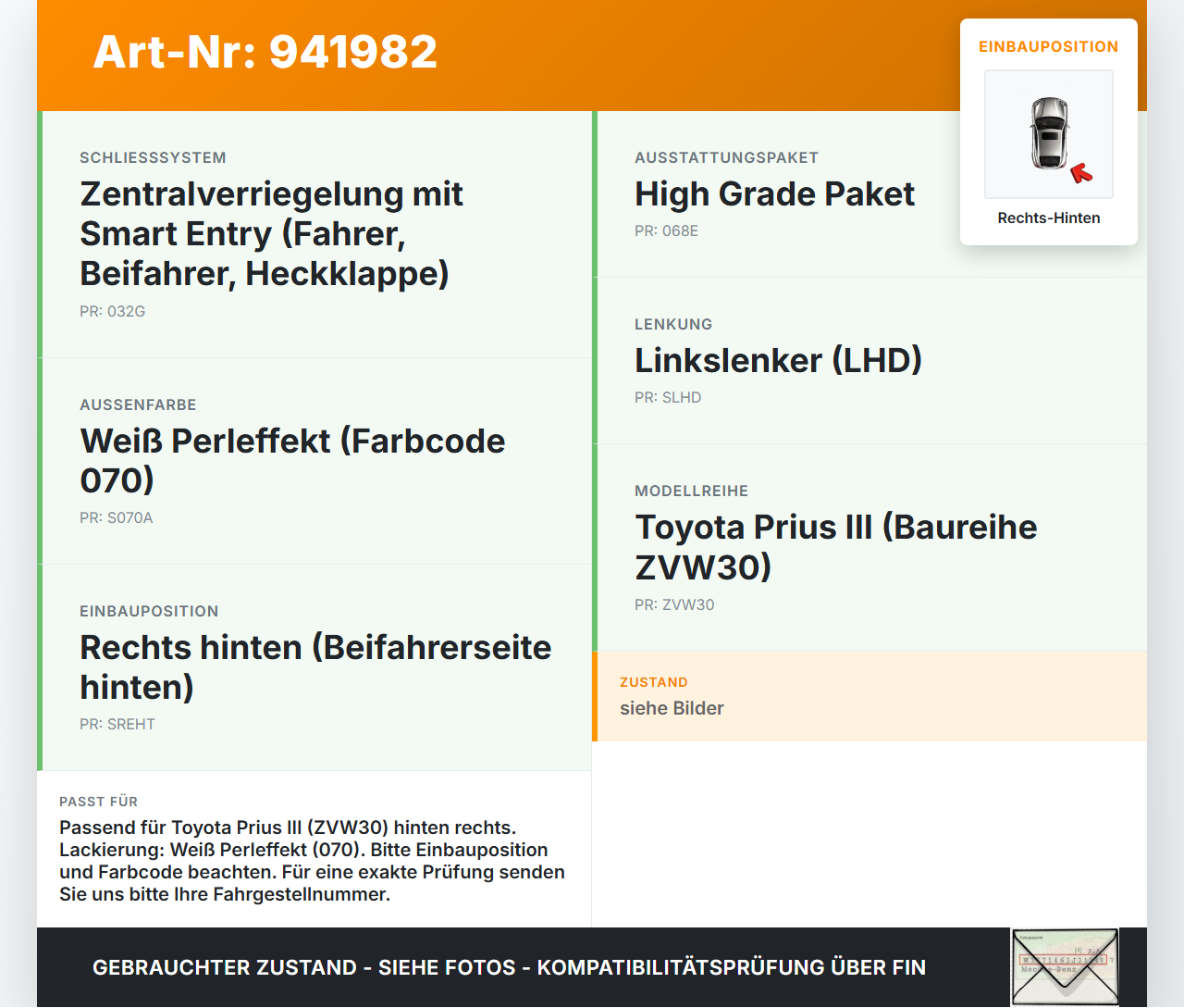 Toyota Prius W3 III 09-12 Türgriff Griff aussen Rechts Hinten 070 Toyota Prius W3 III 09-12 01.10.2011 6921174020A0... Vorschau 3
