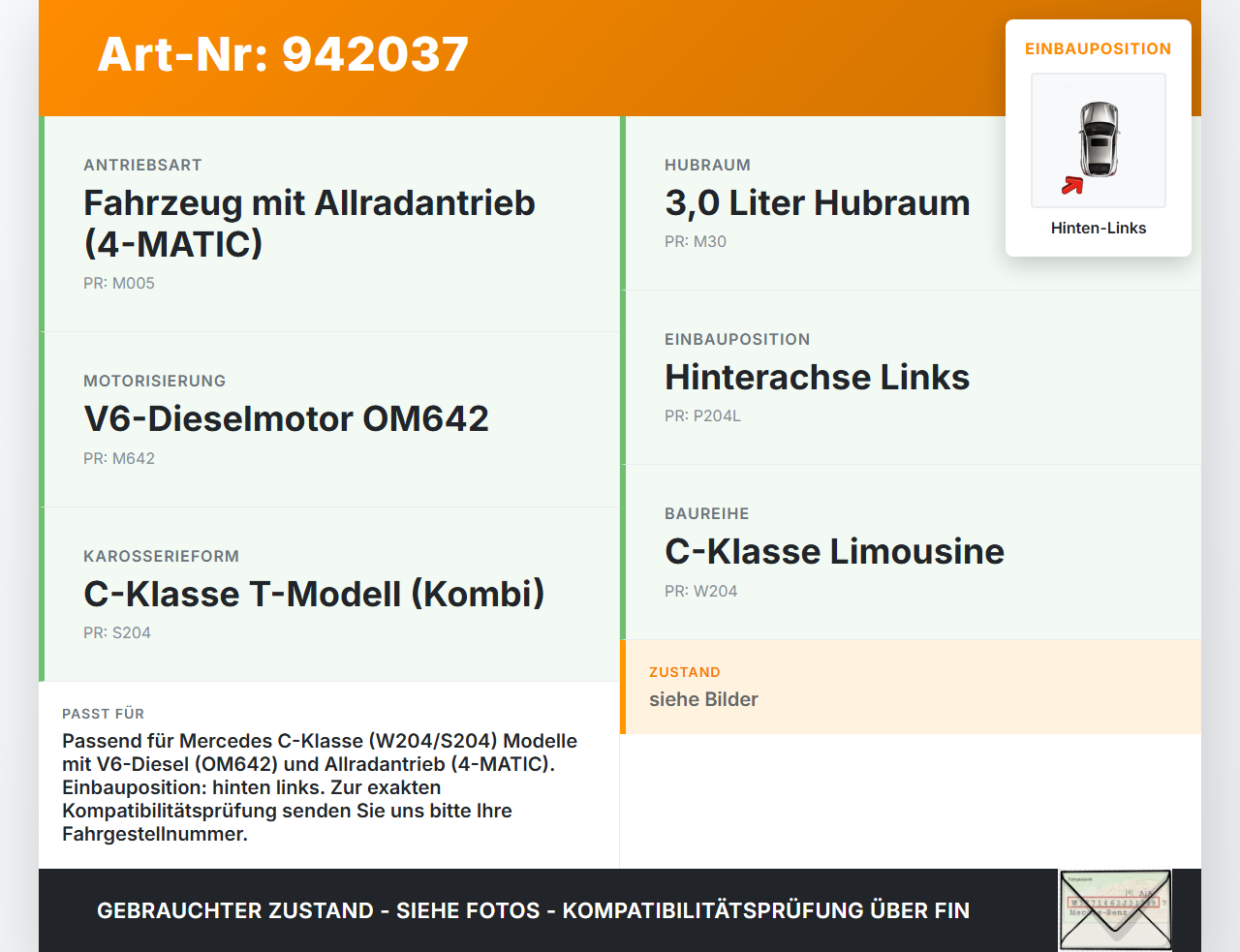 Mercedes S204 W204 C320 07-14 Kombi CDI 3,0 165KW 4WD Antriebswelle Gelenkwelle Hinten Links Mercedes S204 W204... Vorschau 3