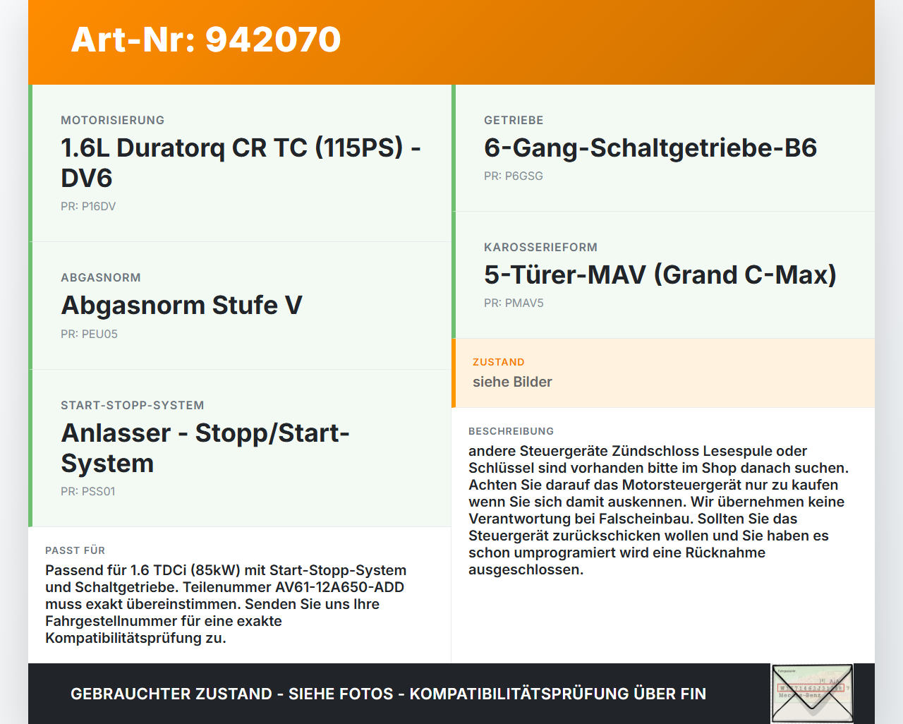 Ford Grand C-Max II 10-15 TDCi 1,6 85KW Steuergerät ECU für Motor Motorsteuergerät Ford Grand C-Max II 10-15... Vorschau 3