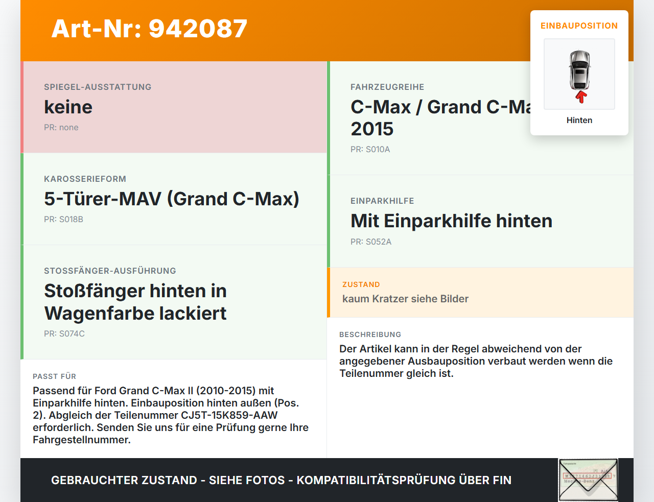 Ford Grand C-Max II 10-15 Abstands Sensor Parksensor PDC Hinten Aussen Pos.2 AK5C Ford Grand C-Max II 10-15... Vorschau 3