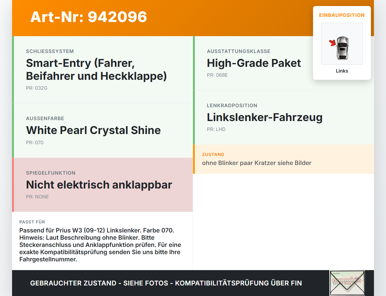 Toyota Prius W3 III 09-12 Spiegel Aussenspiegel Links 070 Toyota Prius W3 III 09-12 01.10.2011 8794047190 gebraucht Vorschau 3