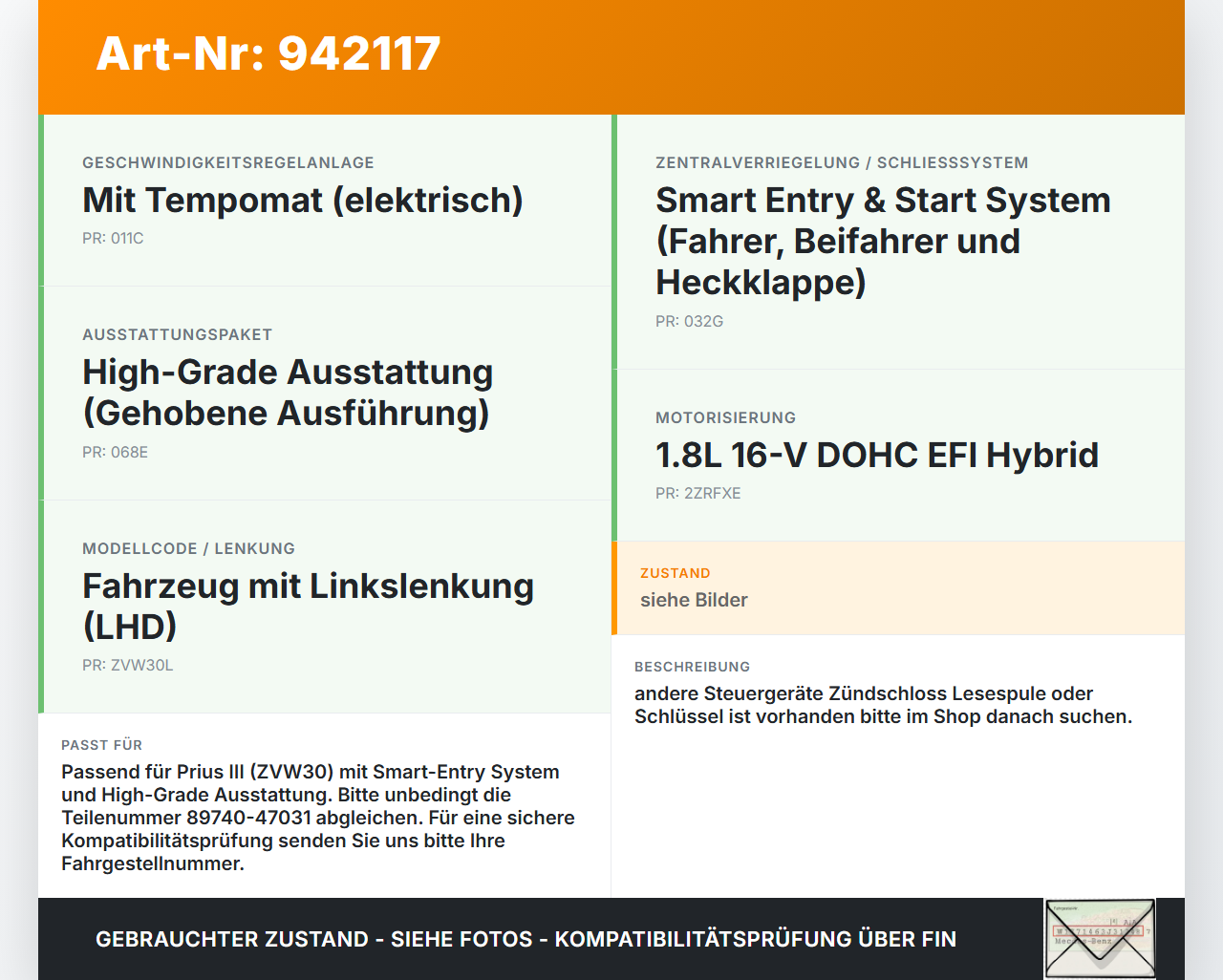 Toyota Prius W3 III 09-12 1,8 73KW Wegfahrsperre ECU Steuergerät Toyota Prius W3 III 09-12 01.10.2011 8974047031... Vorschau 3