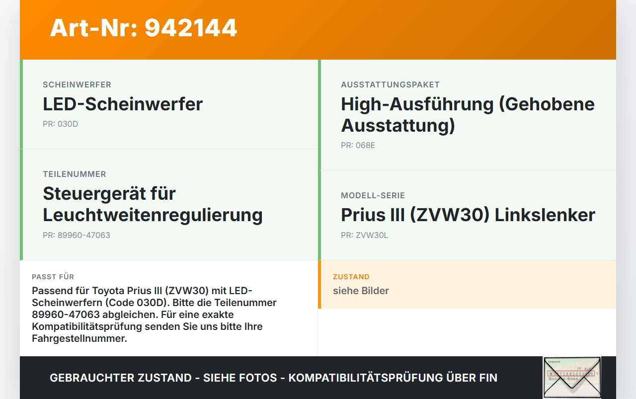 Toyota Prius W3 III 09-12 Steuergerät ECU Modul SG Niveauregulierung für Scheinwerfer Toyota Prius W3 III 09-12... Vorschau 3