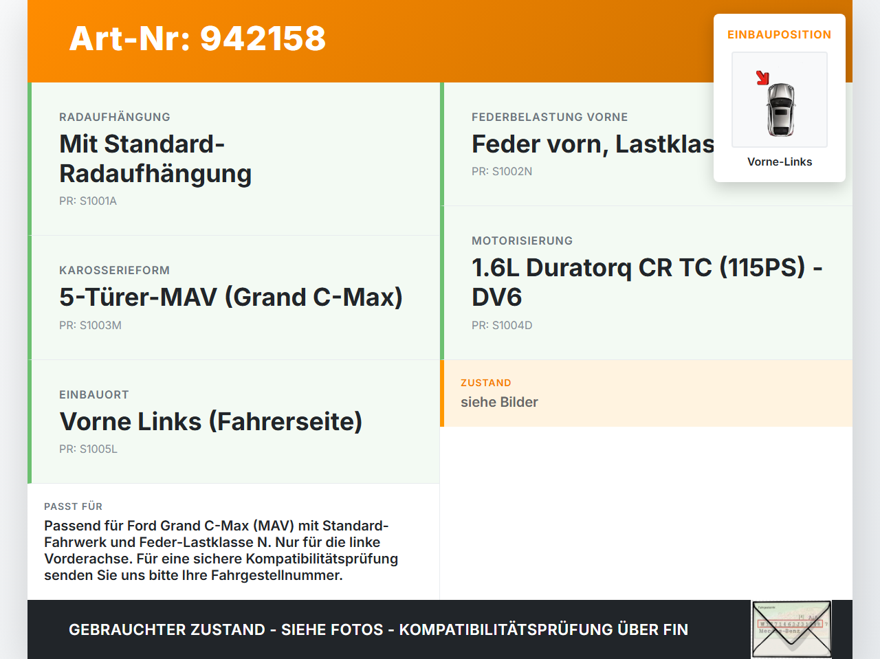 Ford Grand C-Max II 10-15 Federbein Stossdämpfer Vorne Links Ford Grand C-Max II 10-15 22.05.2012 AV61-18K001-CBE... Vorschau 3