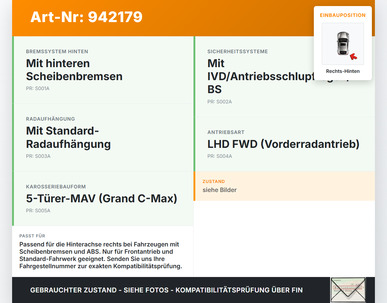 Ford Grand C-Max II 10-15  TDCi 1,6 85KW Achsschenkel Radnabe mit ABS Rechts Hinten Ford Grand C-Max II 10-15... Vorschau 3