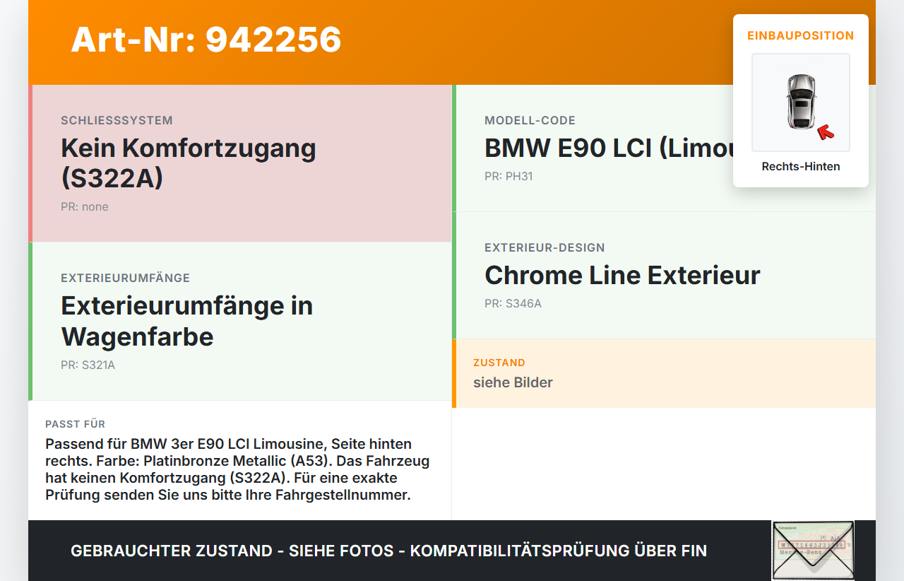 BMW E90 325i 09-13 Lim Türgriff Griff aussen Rechts Hinten A53 BMW E90 325i 09-13 16.09.2011 0445184 51210445184... Vorschau 3