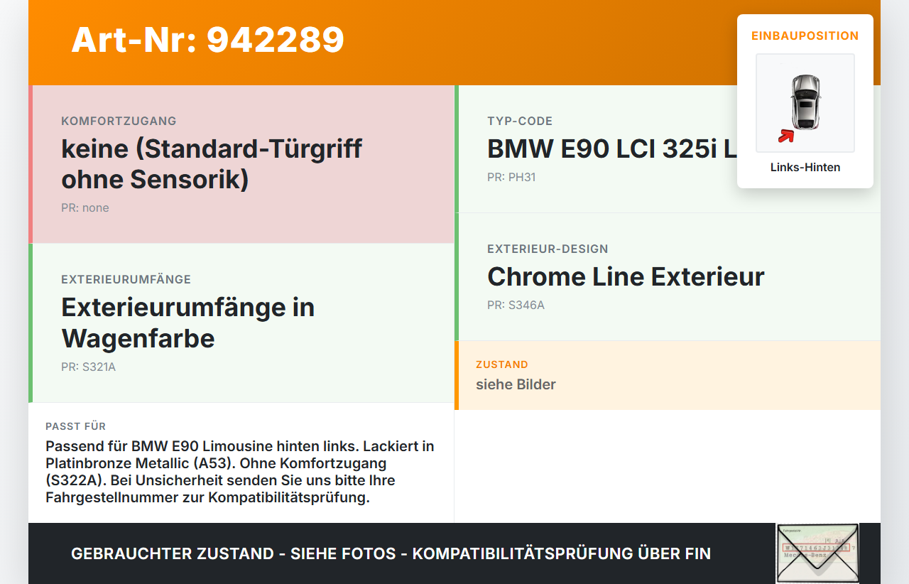 BMW E90 325i 09-13 Lim Türgriff Griff aussen Links Hinten A53 BMW E90 325i 09-13 16.09.2011 0445185 51210445185... Vorschau 3