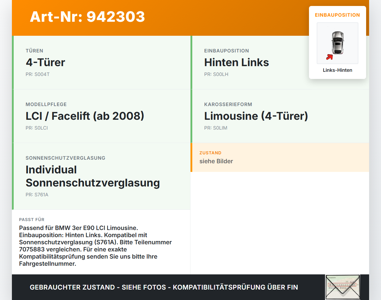 BMW E90 325i 09-13 Lim Fensterhebermotor mit Fensterheber Links Hinten BMW E90 325i 09-13 16.09.2011 7140589... Vorschau 3