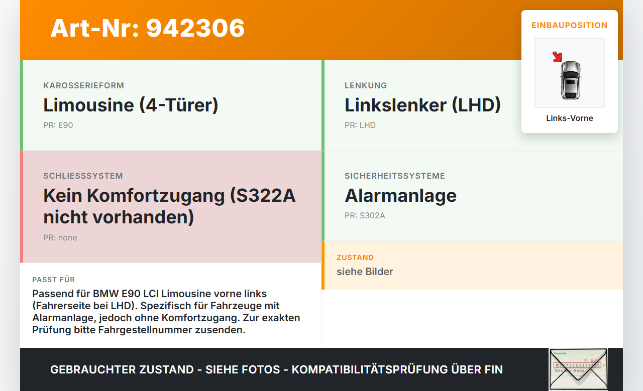 BMW E90 325i 09-13 Lim Türschloss m. ZV Stellmotor Links Vorne BMW E90 325i 09-13 16.09.2011 51217229461 7229461... Vorschau 3