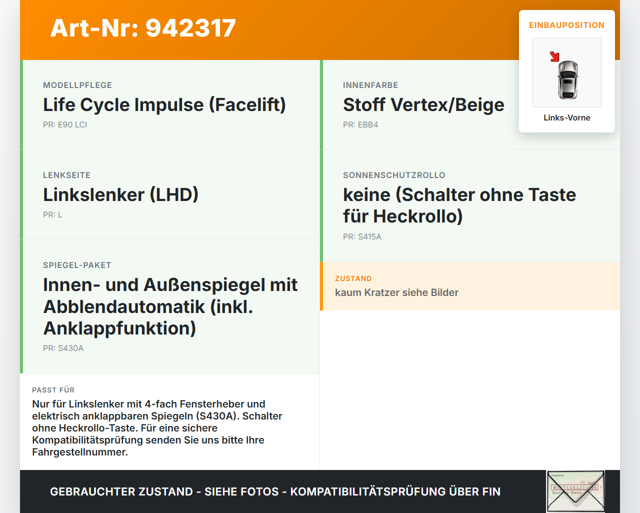 BMW E90 325i 09-13 Lim Fensterheberschalter Schalter Links Vorne BMW E90 325i 09-13 16.09.2011 9217334 61319217334... Vorschau 3