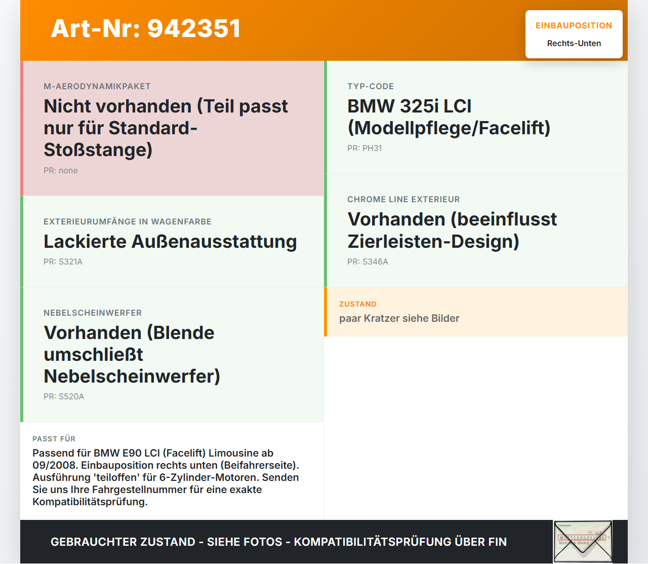 BMW E90 325i 09-13 Frontblende Frontleiste Rechts Unten Teiloffen BMW E90 325i 09-13 16.09.2011 7198902 51117198902... Vorschau 3
