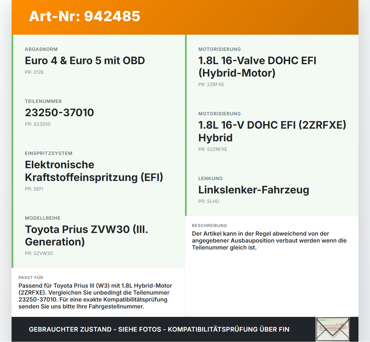 Toyota Prius W3 III 09-12 1,8 73KW Injektor Einspritzdüse Zyl.2 Toyota Prius W3 III 09-12 01.10.2011 23250-37010... Vorschau 3