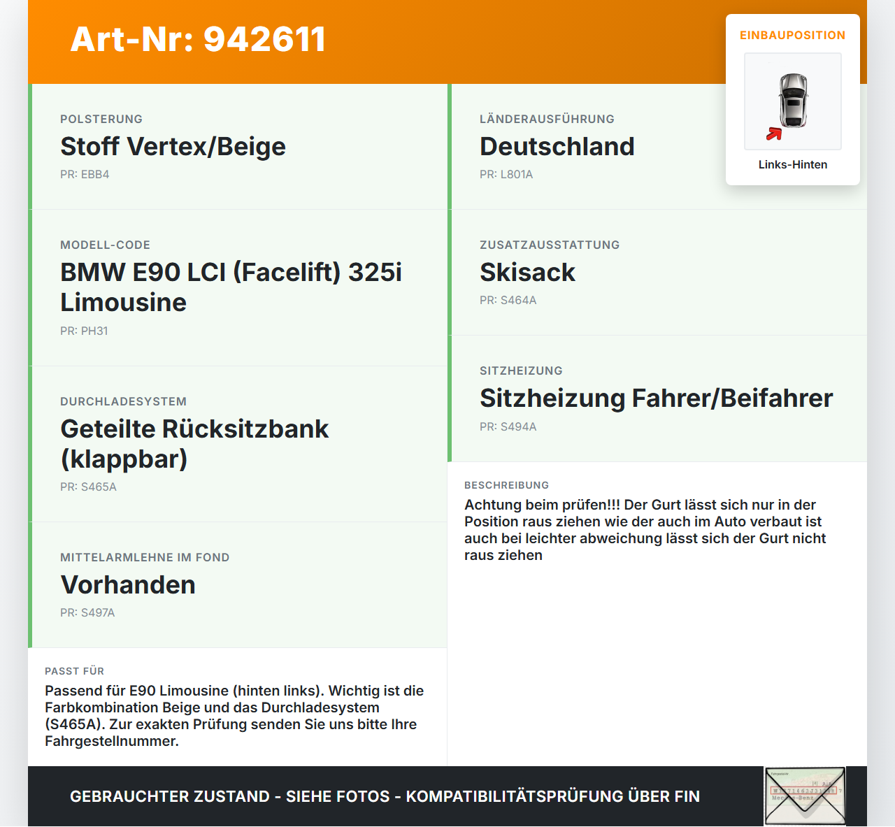 BMW E90 325i 09-13 Lim Gurt Sicherheitsgurt Links Hinten BMW E90 325i 09-13 16.09.2011 617531700B gebraucht Vorschau 3