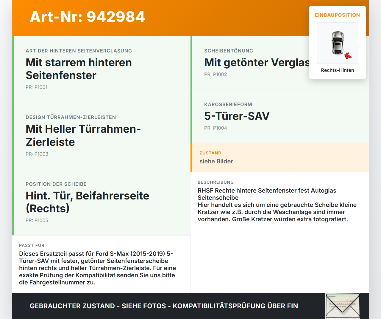 Ford S-Max 15-19 Seitenscheibe Feste Scheibe Rechts Hinten Ford S-Max 15-19 03.05.2016 R29700-CG EM2B-R29700-CJ... Vorschau 3