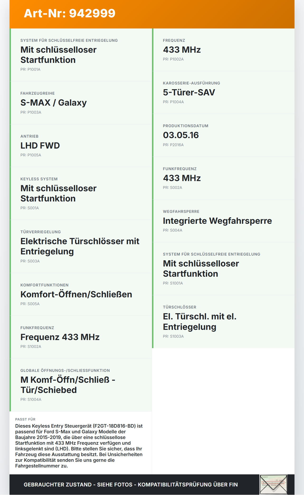 Ford S-Max 15-19 Steuergerät ECU Modul Keyless Entry Ford S-Max 15-19 03.05.2016 F2GT-18D816-BD gebraucht Vorschau 3