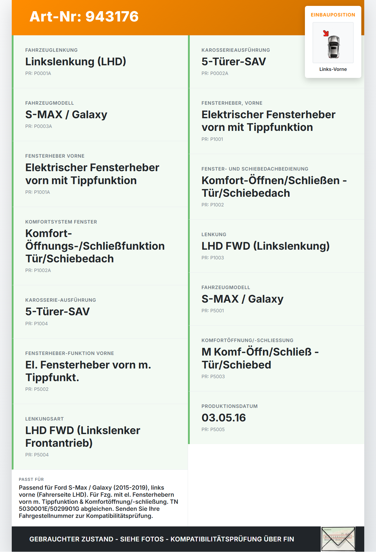 Ford S-Max 15-19 Fensterhebermotor Links Vorne Ford S-Max 15-19 03.05.2016 5030001E 5029901G gebraucht Vorschau 3