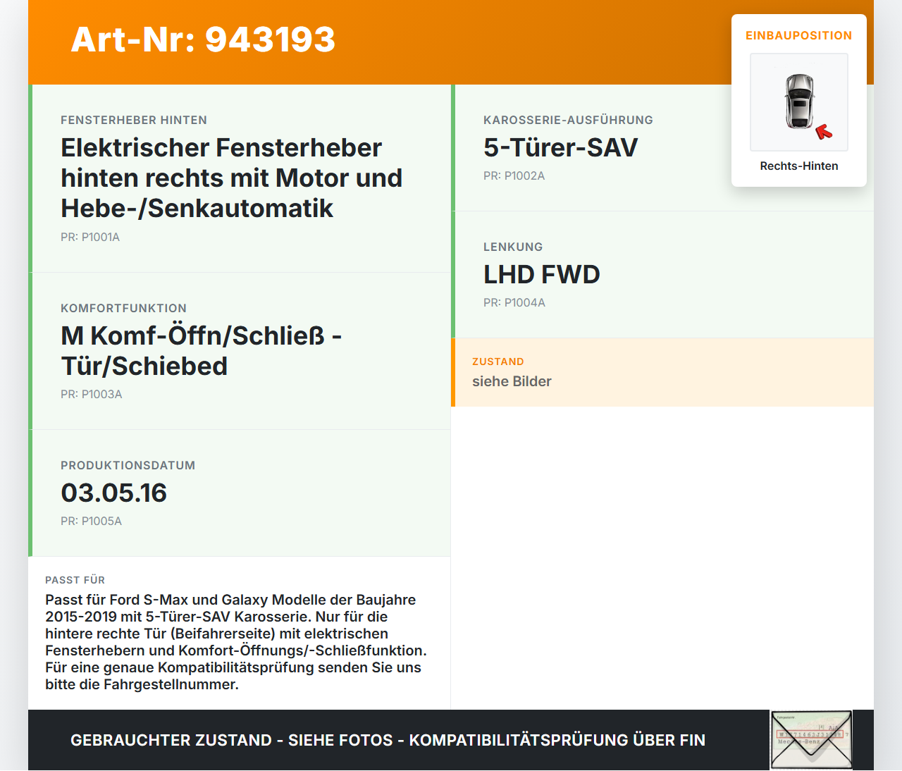Ford S-Max 15-19 Fensterhebermotor mit Fensterheber Rechts Hinten Ford S-Max 15-19 03.05.2016 EM2B-R27008-AE... Vorschau 3