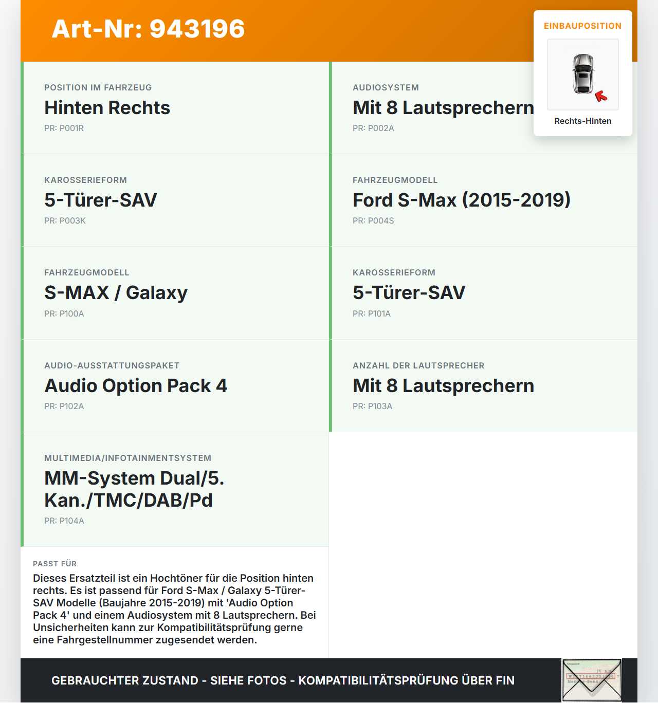 Ford S-Max 15-19 Lautsprecher Hochtöner Rechts Hinten Ford S-Max 15-19 03.05.2016 DS7T-18808-CA gebraucht Vorschau 3