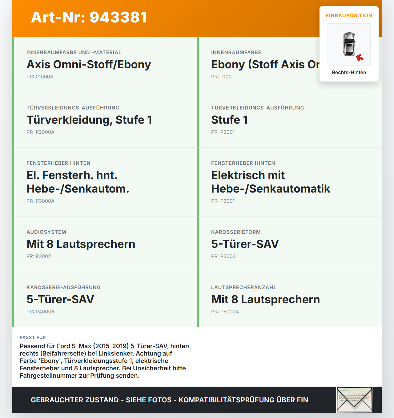 Ford S-Max 15-19 Türverkleidung Türpappe Rechts Hinten Ford S-Max 15-19 03.05.2016 EM2B-R27406A-1GDN gebraucht Vorschau 3