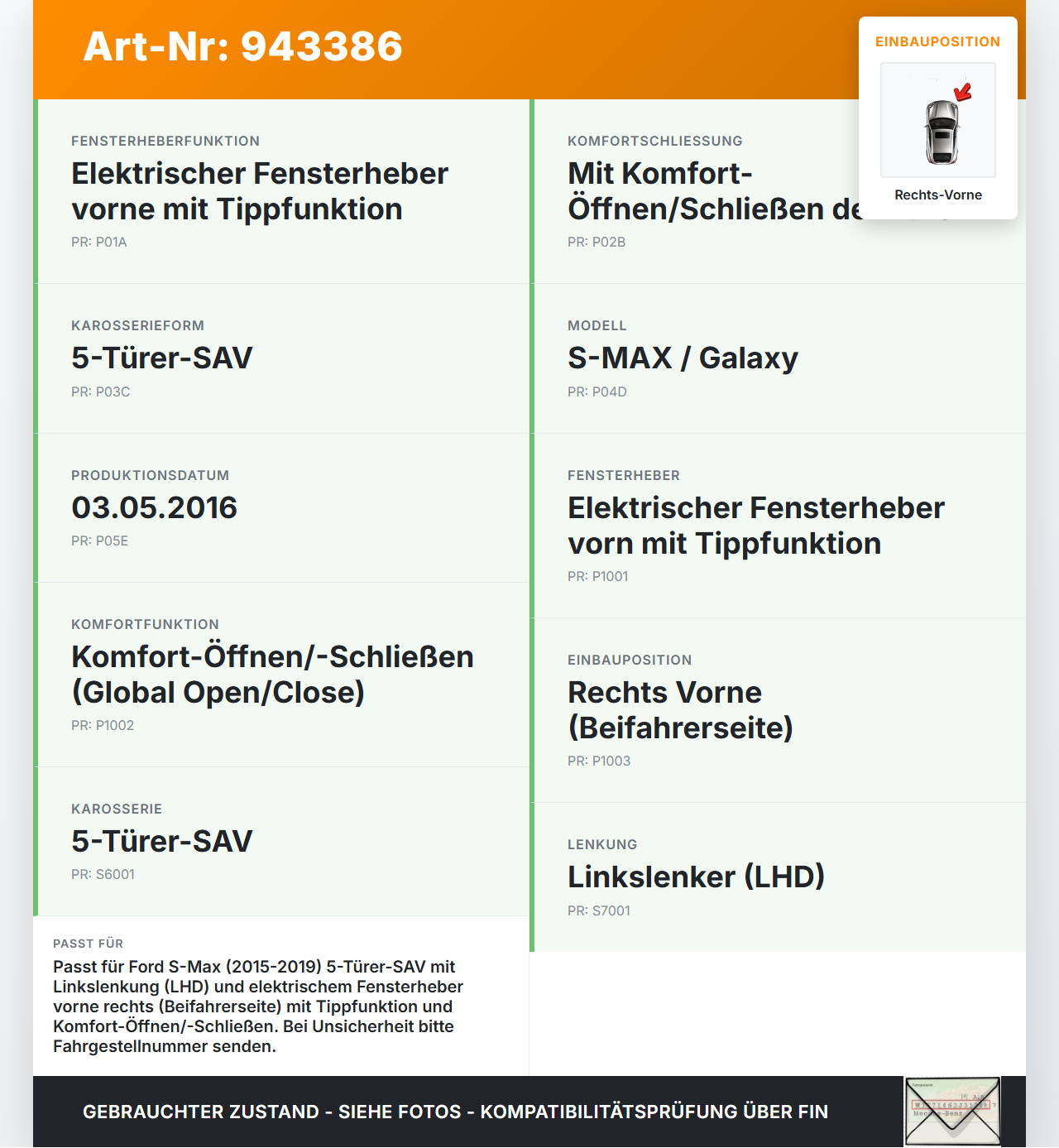 Ford S-Max 15-19 Fensterhebermotor mit Fensterheber Rechts Vorne Ford S-Max 15-19 03.05.2016 EM2B-R23208-AF gebraucht Vorschau 3