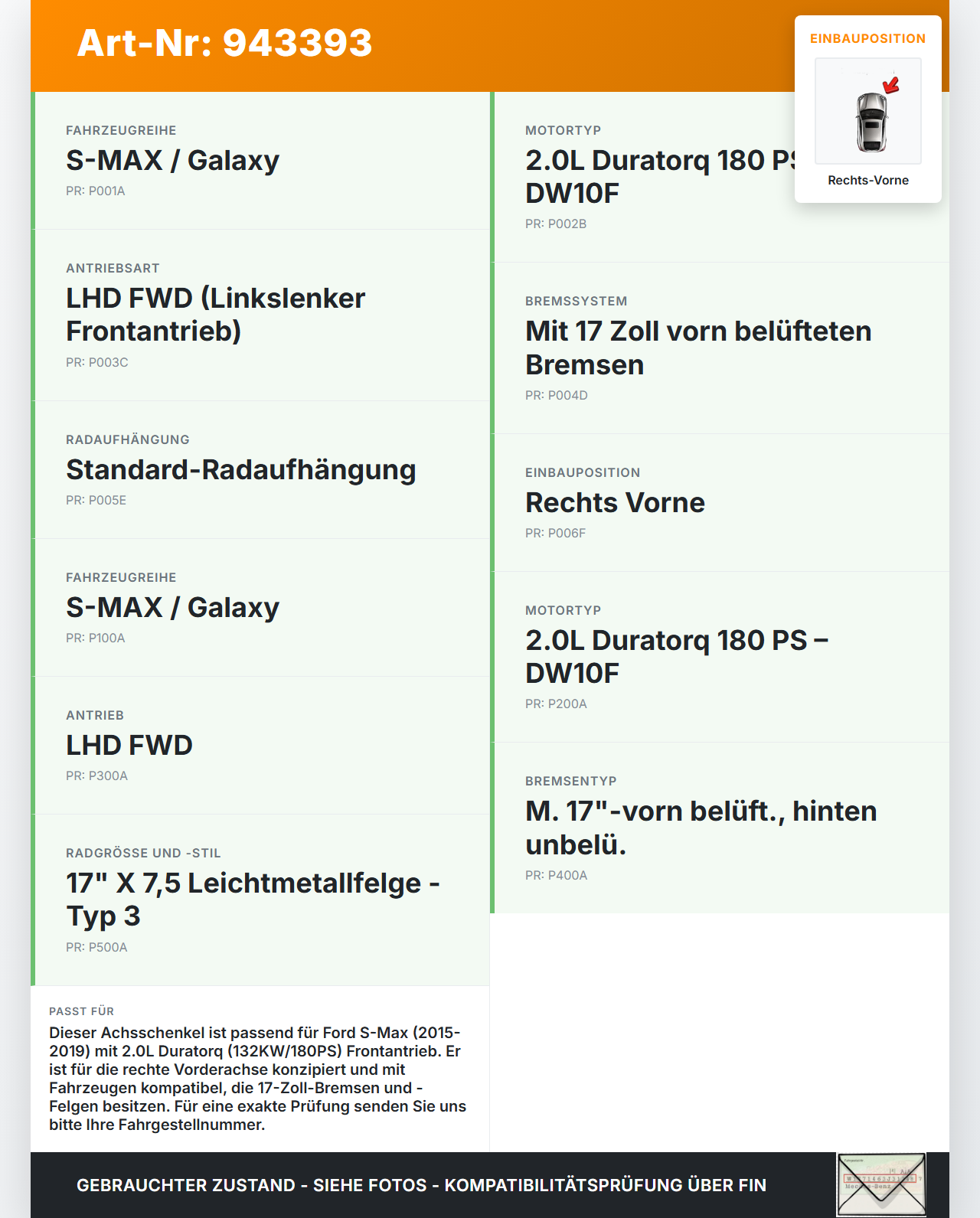 Ford S-Max 15-19 HDi 2,0 132KW Achsschenkel Radnabe Rechts Vorne Ford S-Max 15-19 03.05.2016 E1GC-3K170-AC 1877654... Vorschau 3