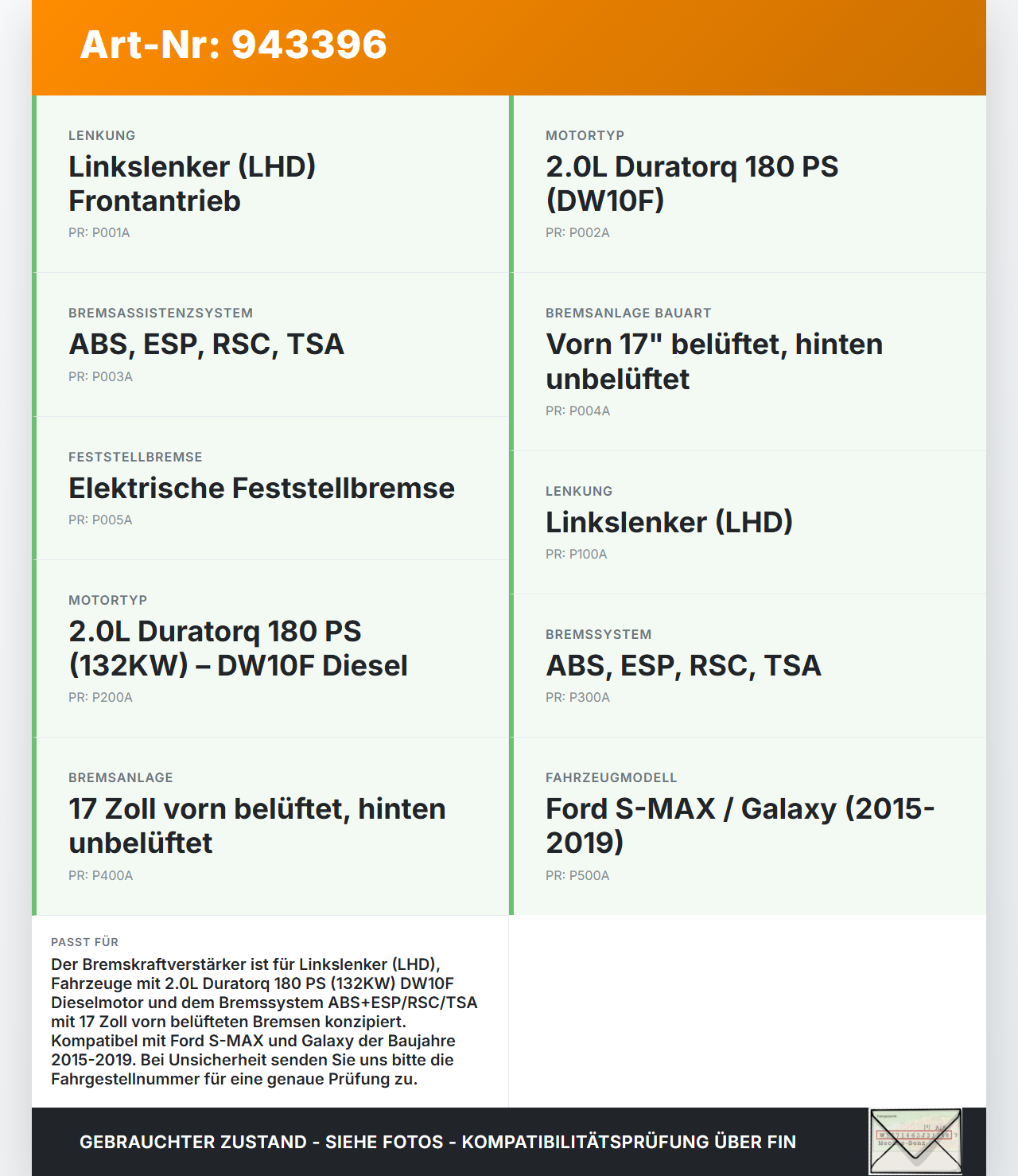 Ford S-Max 15-19 HDi 2,0 132KW Bremskraftverstärker Ford S-Max 15-19 03.05.2016 E1GC-2B195-LCB 03.7857-6801.4 gebraucht Vorschau 3