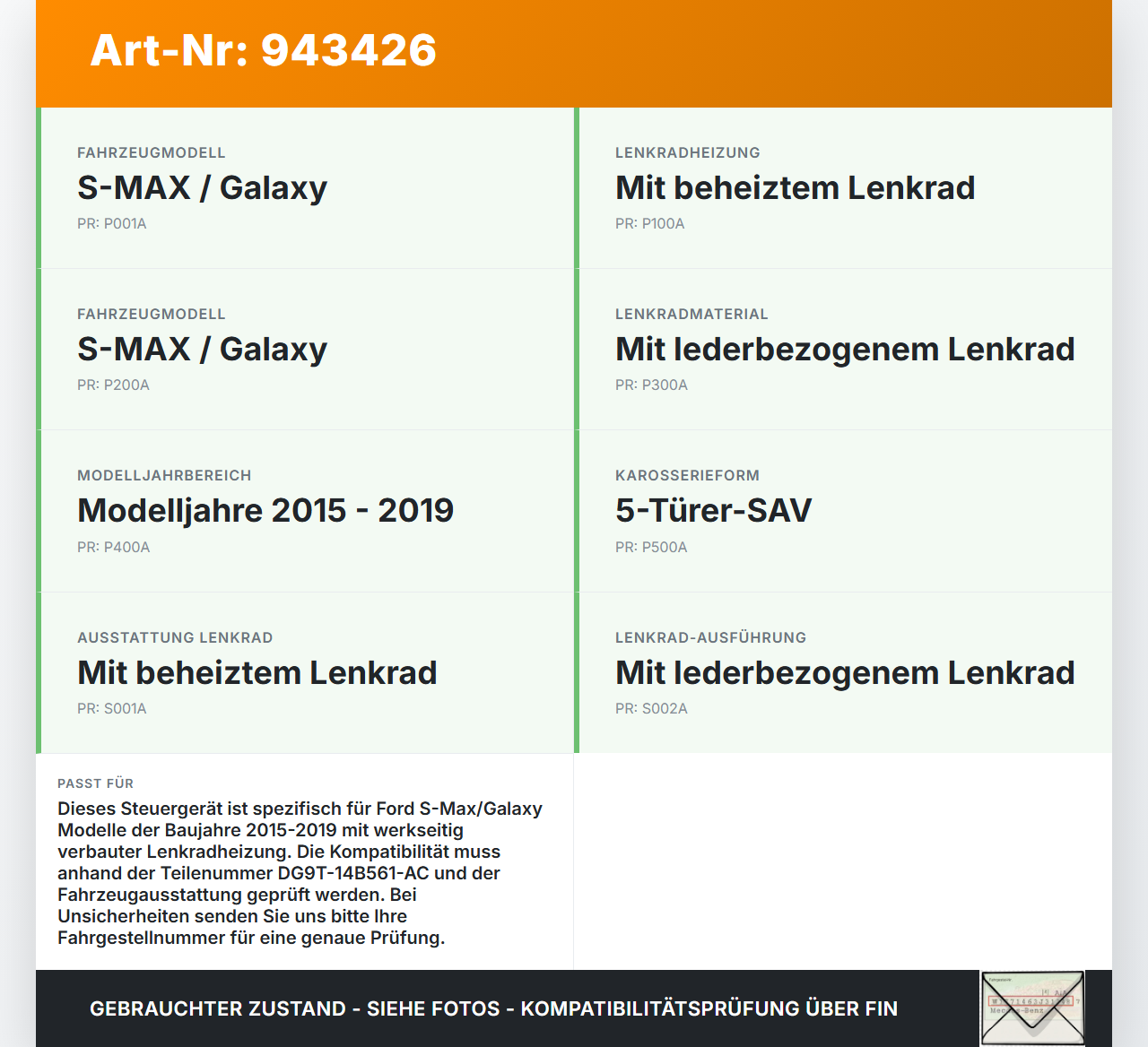 Ford S-Max 15-19 Steuergerät für Lenkradheizung Ford S-Max 15-19 03.05.2016 DG9T-14B561-AC gebraucht Vorschau 3