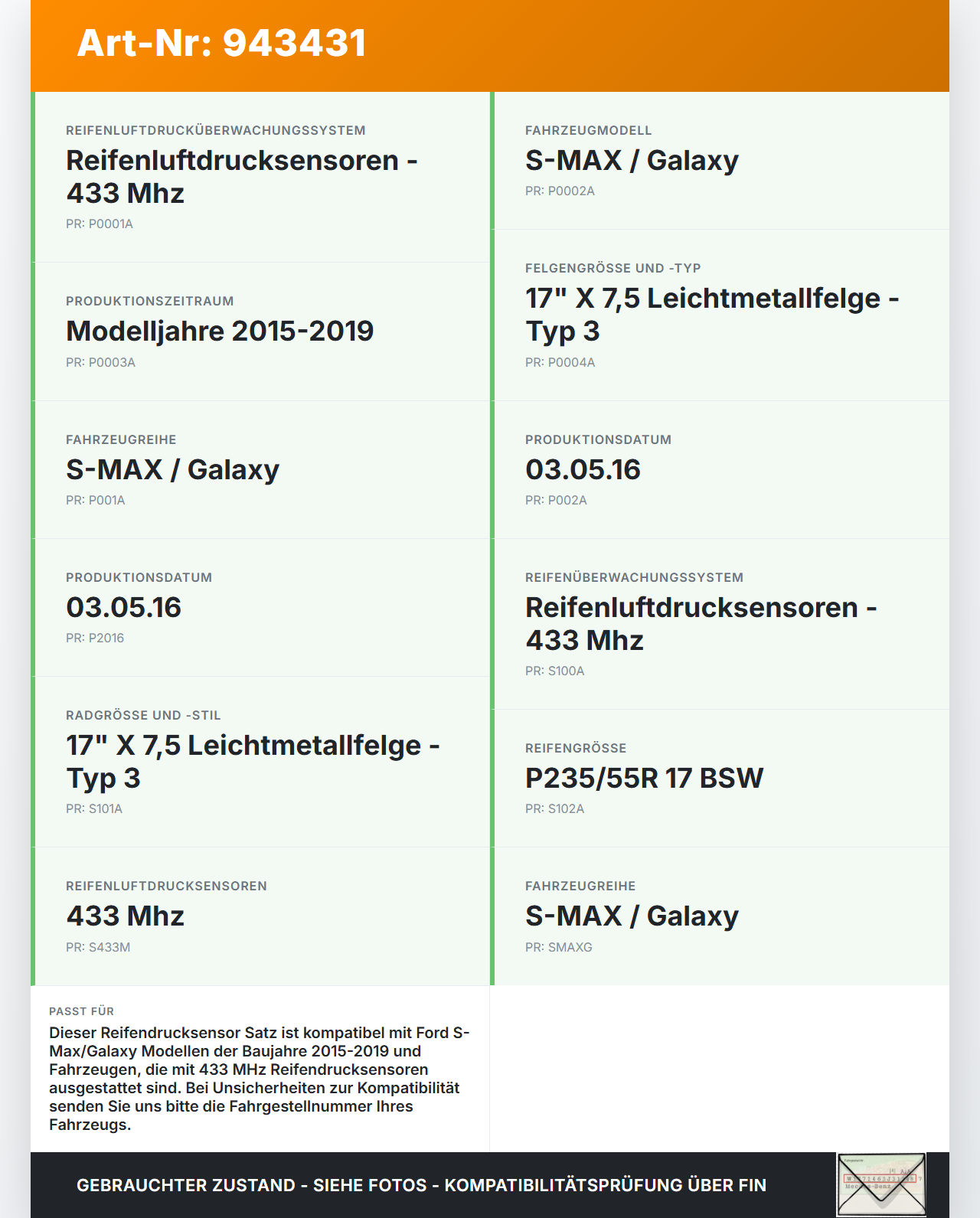 Ford S-Max 15-19 Reifendruck Sensor Radsensor Reifendrucksensor Set Satz Ford S-Max 15-19 03.05.2016 F2GT-1A180-CC... Vorschau 3