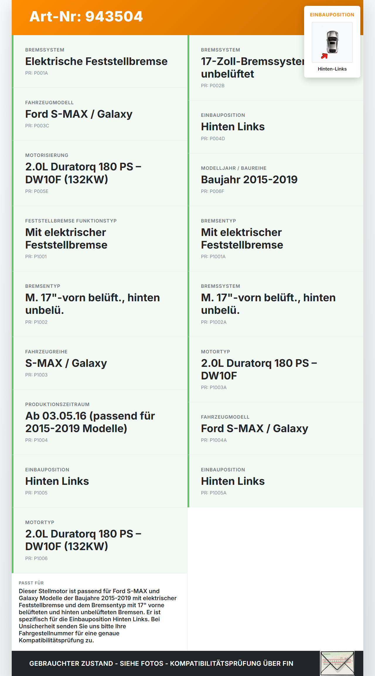 Ford S-Max 15-19 HDi 2,0 132KW Stellmotor Parkbremse Bremssattel Hinten Links Ford S-Max 15-19 03.05.2016 DG9C-SFG1... Vorschau 3