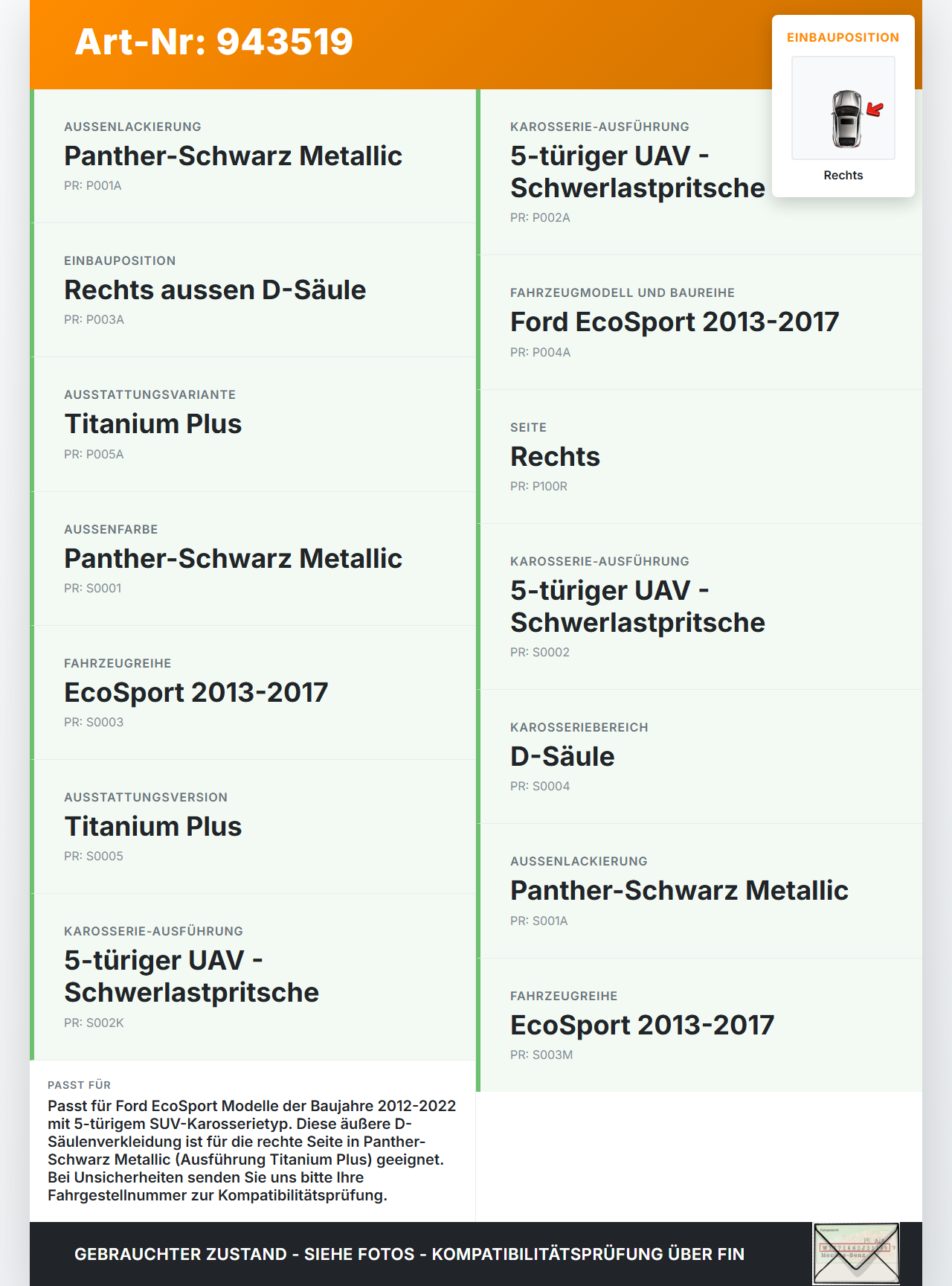Ford EcoSport 12-22 Verkleidung für D-Säule Rechts aussen D Ford EcoSport 12-22 06.09.2016 CN15-N29148-ADW... Vorschau 3