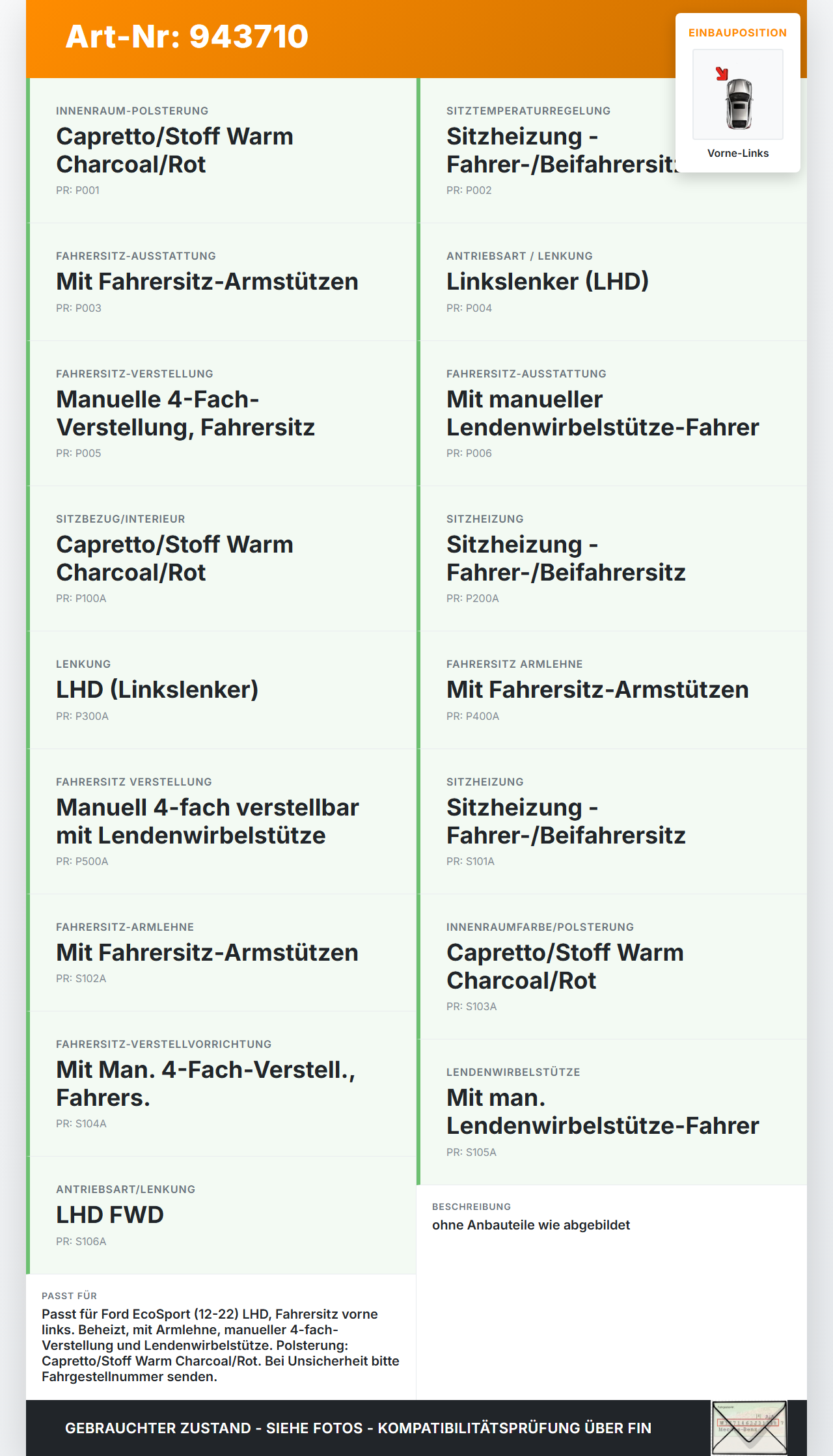 Ford EcoSport 12-22  Beheizt Sitz Fahrersitz Vorne Links Ford EcoSport 12-22 06.09.2016 CN1J-A62901-AC1GFW 2069050... Vorschau 3