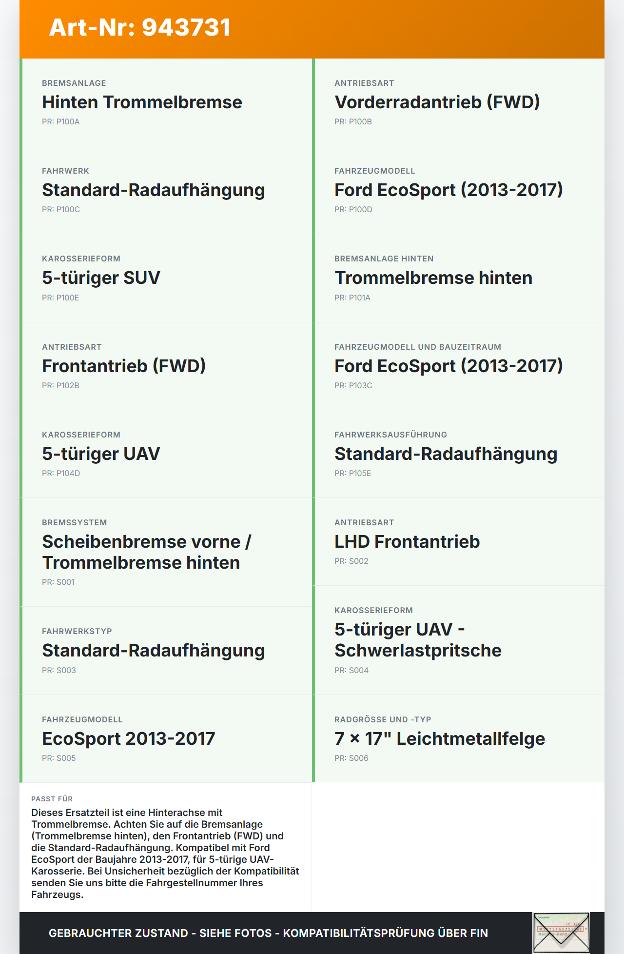 Ford EcoSport 12-22 Hinterachse Achse m. Trommelbremse Ford EcoSport 12-22 06.09.2016 FN1C-5K952-F2A 1892071 gebraucht Vorschau 3