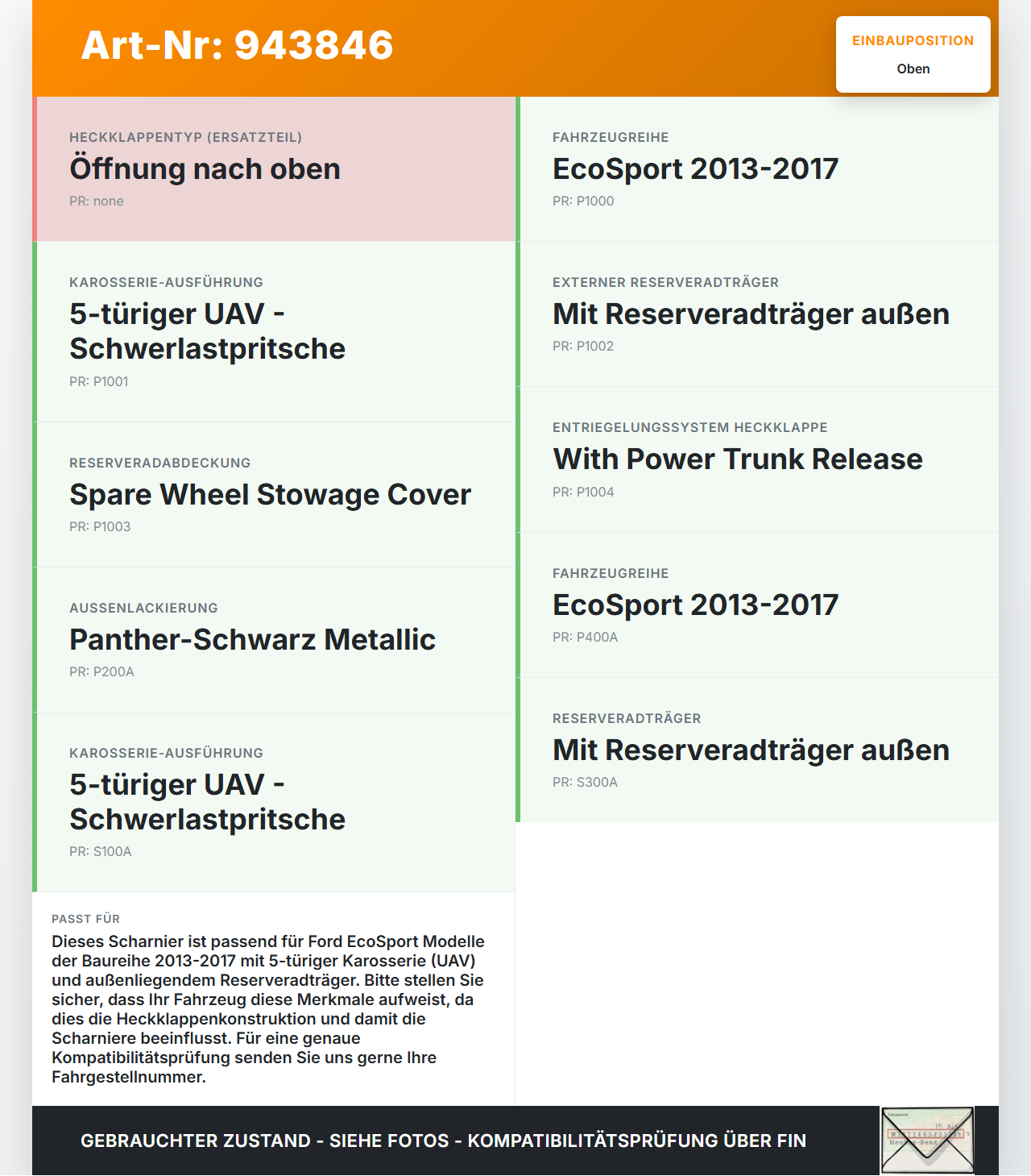 Ford EcoSport 12-22 Scharniere Scharnier für Heckklappe Oben Ford EcoSport 12-22 06.09.2016 CN15-N42982-AB gebraucht Vorschau 3
