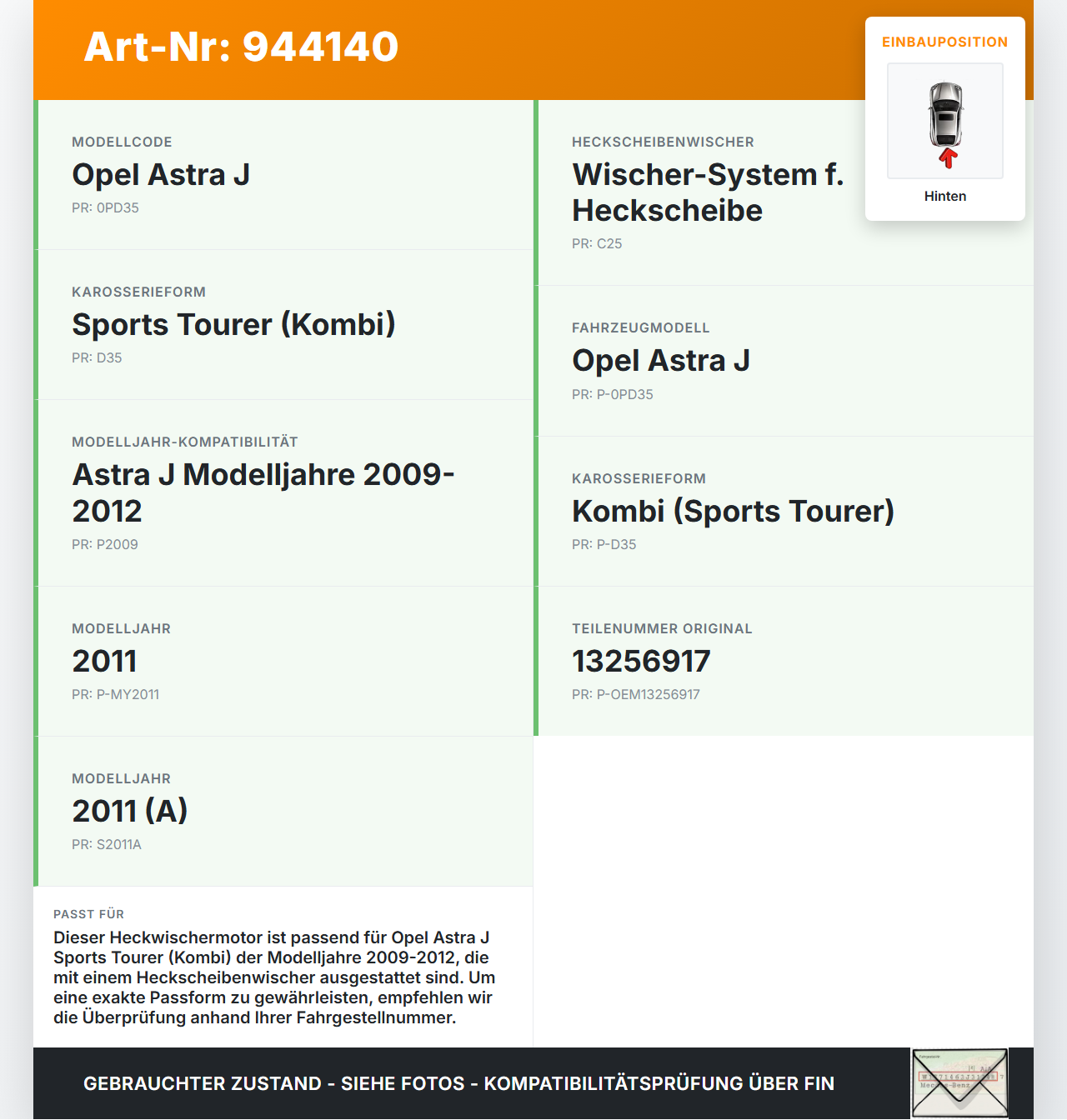 Opel Astra J 09-12 Kombi Wischermotor Hinten Heckwischermotor Opel Astra J 09-12 31.03.2011 13256917 gebraucht Vorschau 3