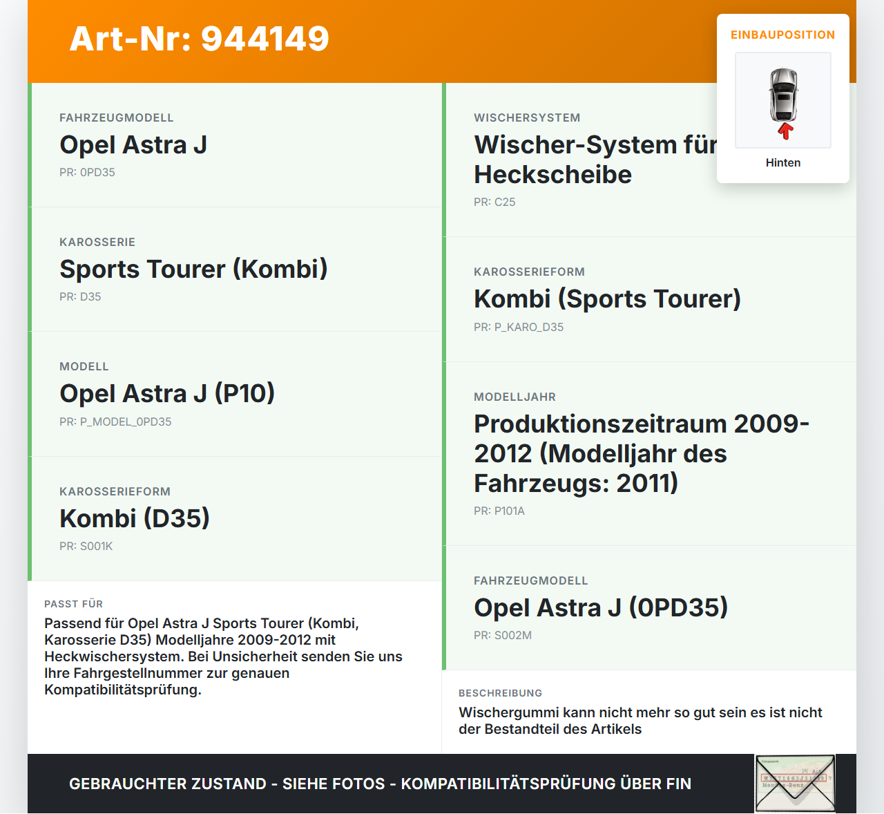 Opel Astra J 09-12 Kombi Heckwischer Scheibenwischer Hinten Wischarm Opel Astra J 09-12 31.03.2011 gebraucht Vorschau 3