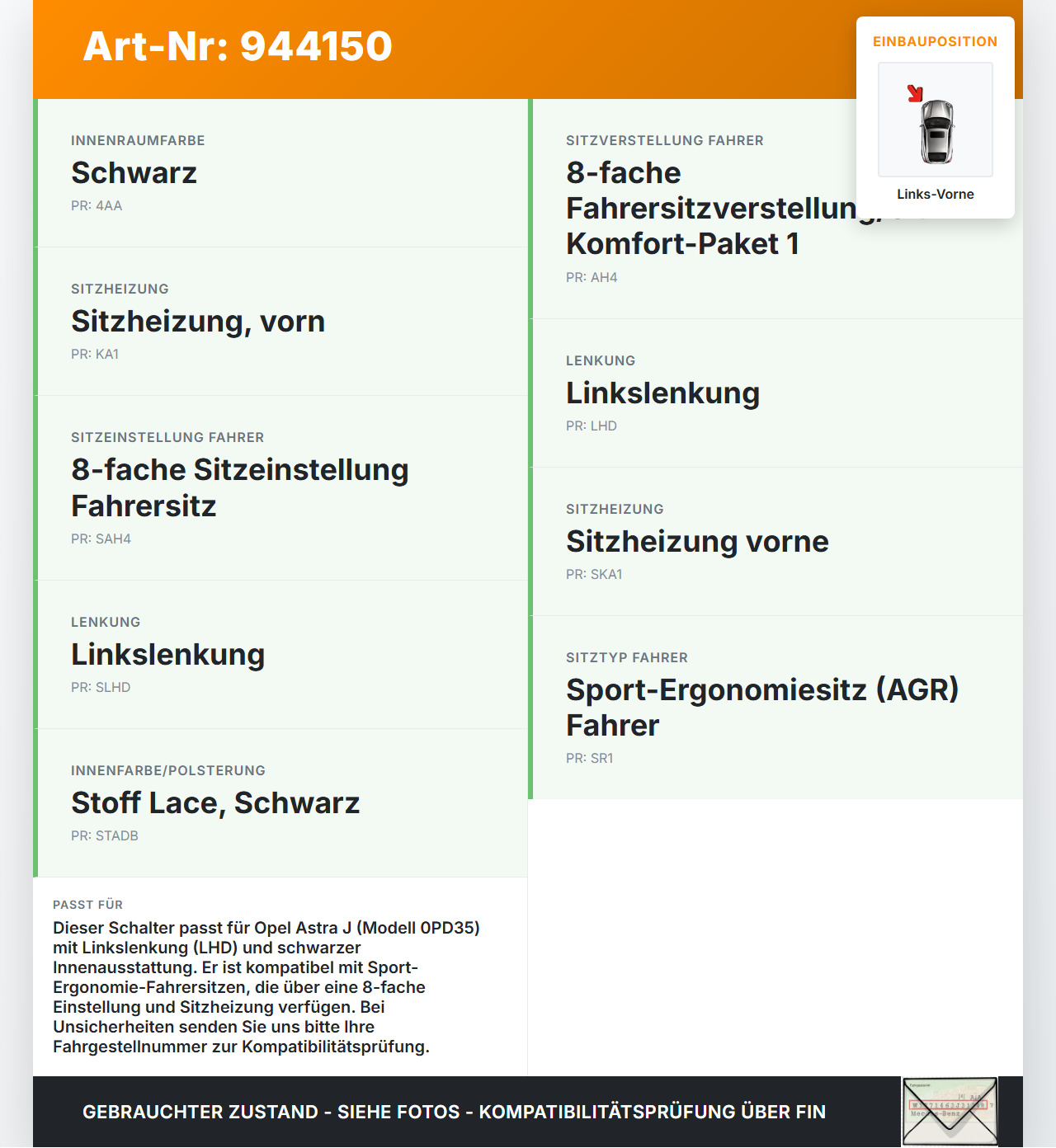 Opel Astra J 09-12 Sitzverstellung Schalter Links Vorne Opel Astra J 09-12 31.03.2011 13285104 gebraucht Vorschau 3