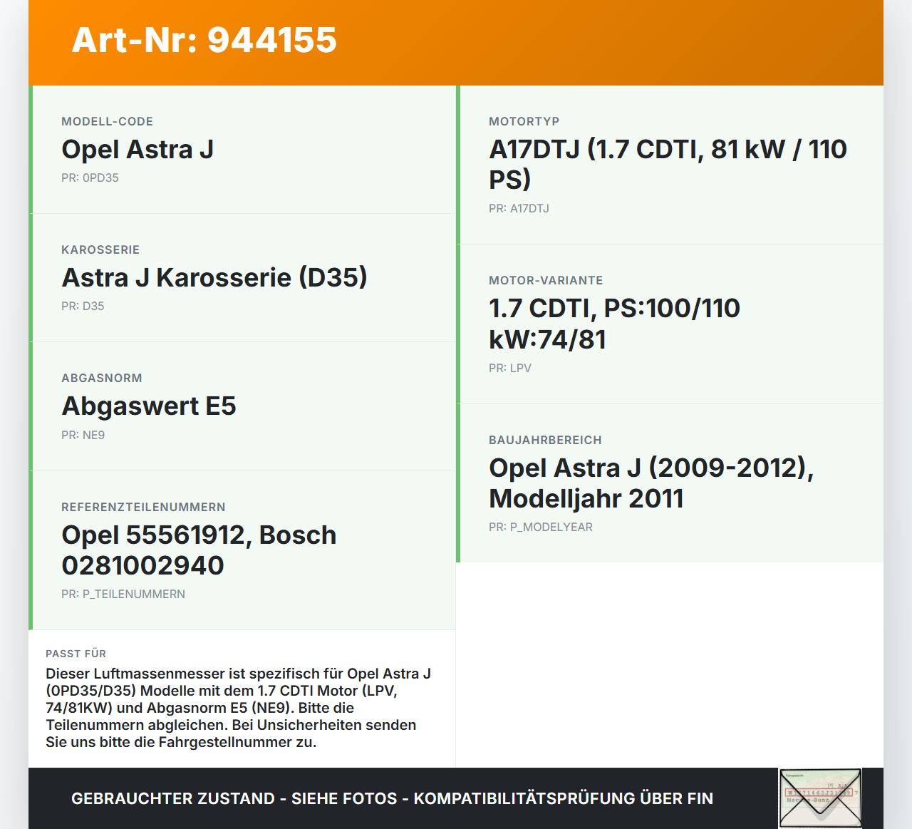 Opel Astra J 09-12 1,7 81KW Luftmassenmesser Opel Astra J 09-12 31.03.2011 55561912 0281002940 280693083 gebraucht Vorschau 3