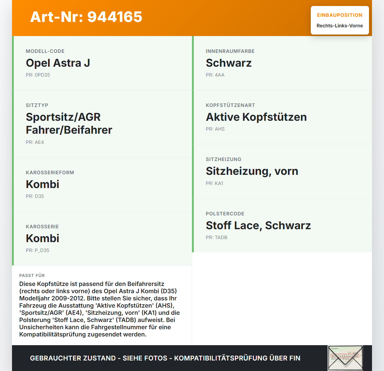 Opel Astra J 09-12 Kombi Kopfstütze für Beifahrer Sitz Rechts oder Links Vorne Opel Astra J 09-12 31.03.2011... Vorschau 3