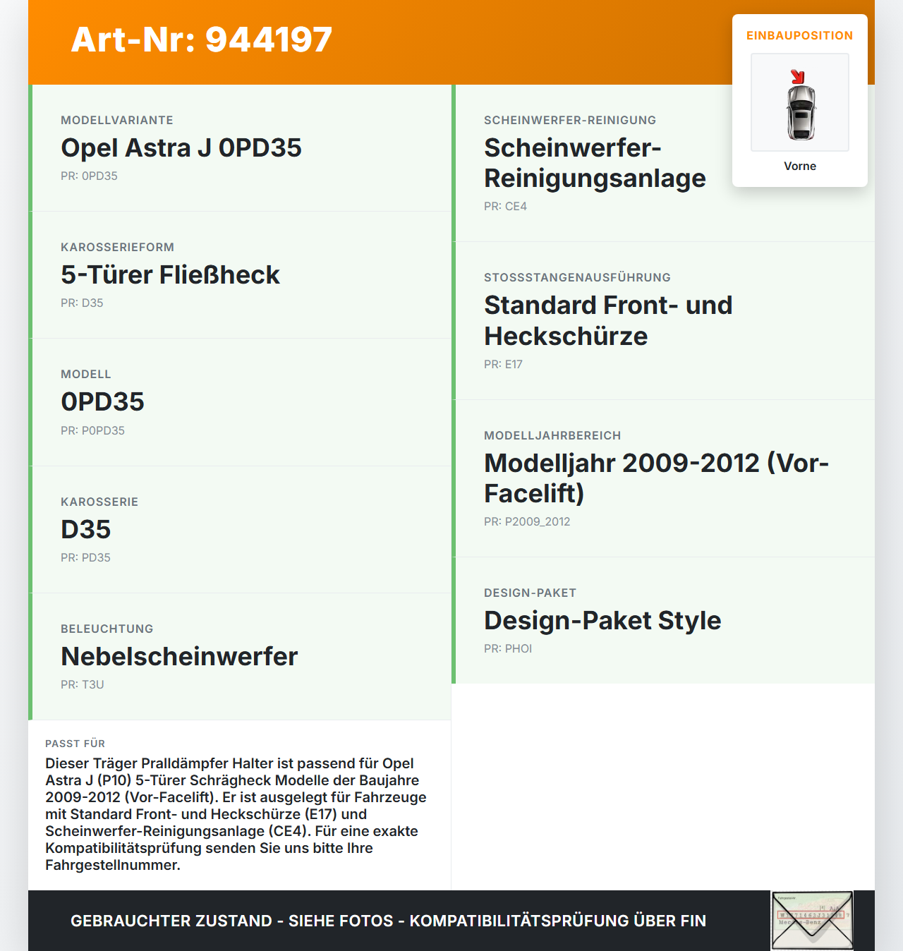 Opel Astra J 09-12 Träger Pralldämpfer Halter für Stoßstange Vorne Opel Astra J 09-12 31.03.2011 13264477 gebraucht Vorschau 3