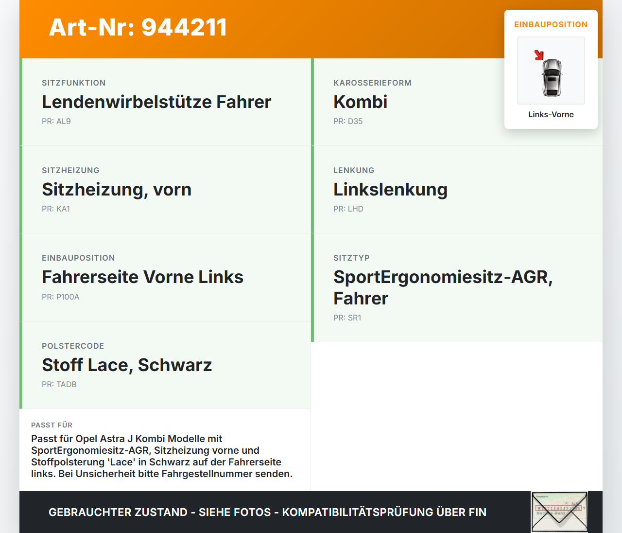Opel Astra J 09-12 Kombi Sitzbezug Rückenpolster Links Vorne für Fahrer Sitz beheizt Opel Astra J 09-12 31.03.2011... Vorschau 3