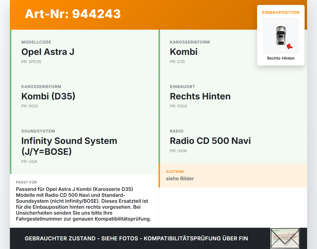 Opel Astra J 09-12 Kombi Lautsprecher Rechts Hinten Opel Astra J 09-12 31.03.2011 13308350 01911-B0221 gebraucht Vorschau 3