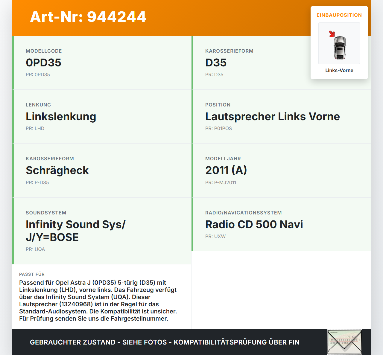Opel Astra J 09-12 Lautsprecher Links Vorne Opel Astra J 09-12 31.03.2011 23311170 13240968 gebraucht Vorschau 3