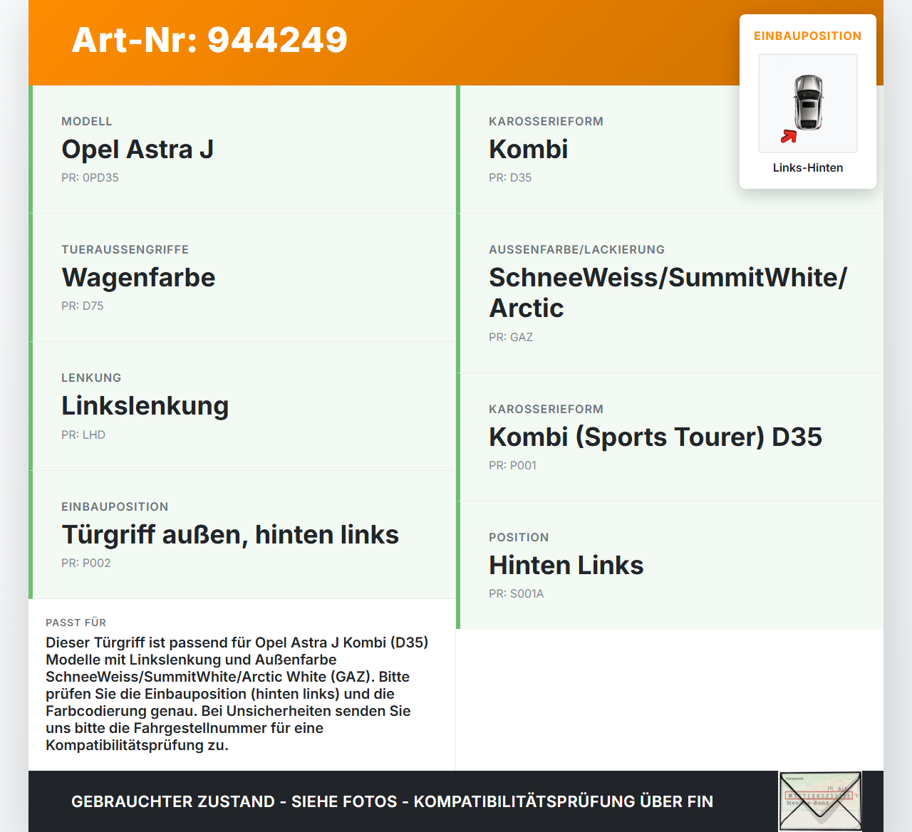 Opel Astra J 09-12 Kombi Türgriff Griff aussen Links Hinten GAZ Opel Astra J 09-12 31.03.2011 gebraucht Vorschau 3