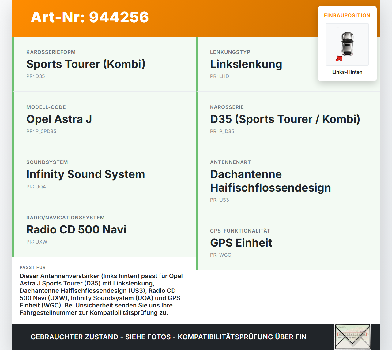 Opel Astra J 09-12 Antennenverstärker Links Hinten Opel Astra J 09-12 31.03.2011 13353312 421251063 gebraucht Vorschau 3