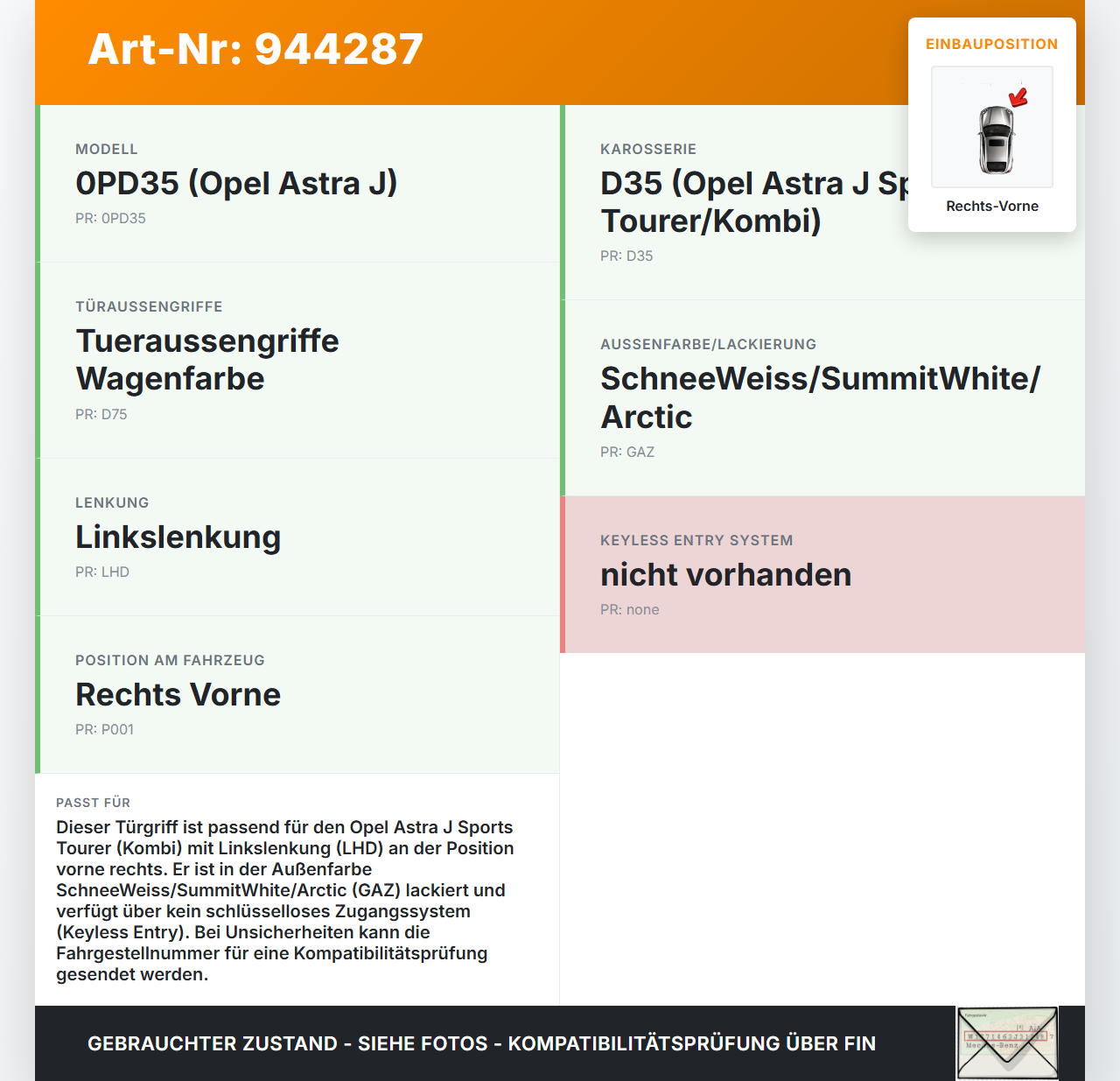Opel Astra J 09-12 Kombi Türgriff Griff aussen Rechts Vorne GAZ Opel Astra J 09-12 31.03.2011 gebraucht Vorschau 3