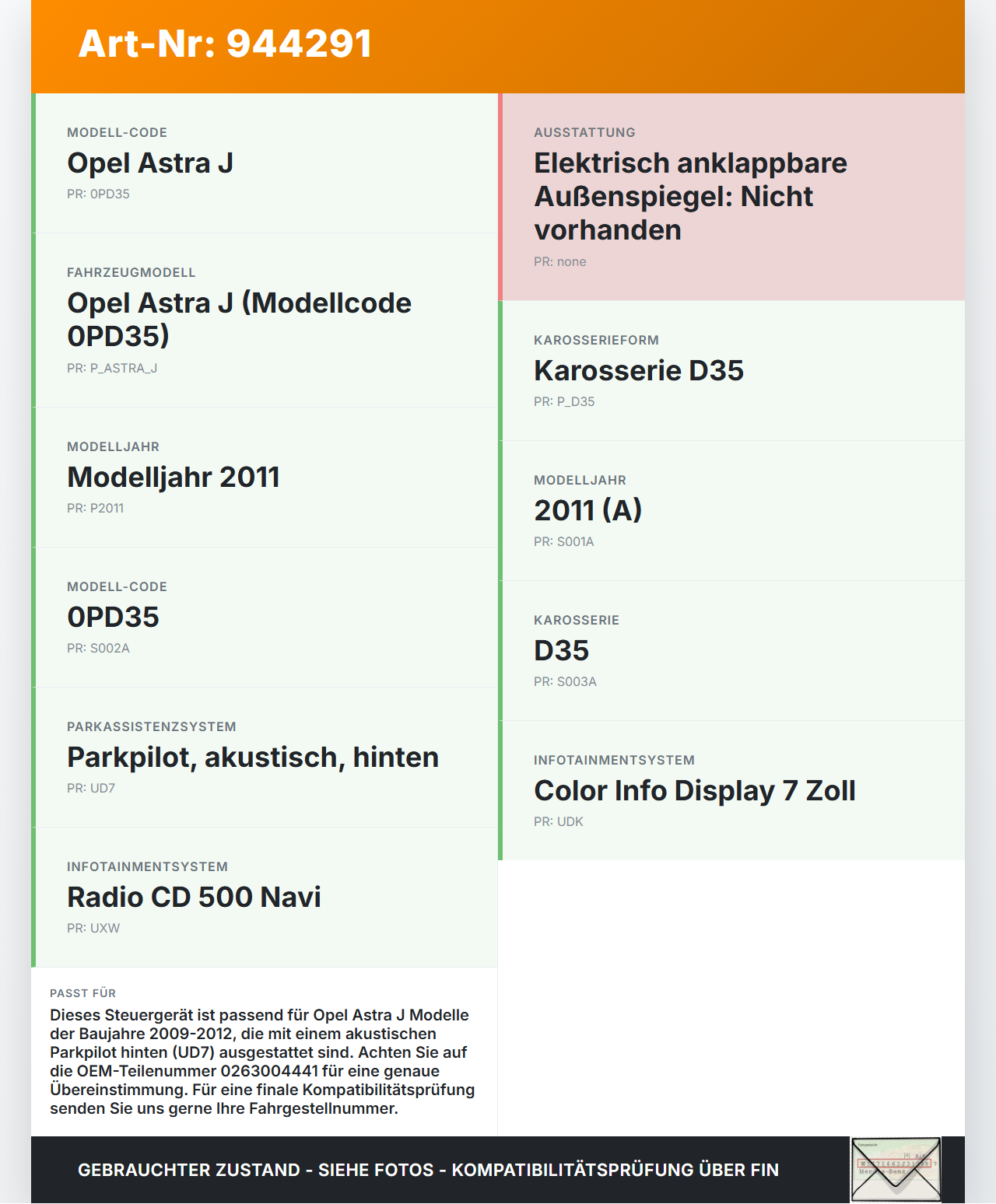 Opel Astra J 09-12 Steuergerät SG PDC Einparkhilfe Opel Astra J 09-12 31.03.2011 0263004441 20925650 gebraucht Vorschau 3