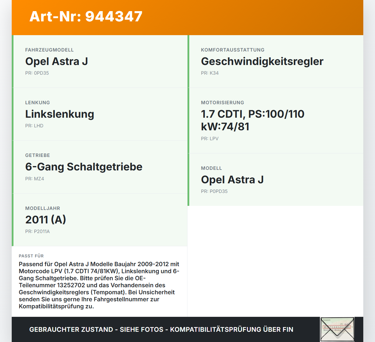 Opel Astra J 09-12 1,7 81KW Gaswertgeber Gaspedal Opel Astra J 09-12 31.03.2011 13252702 gebraucht Vorschau 3