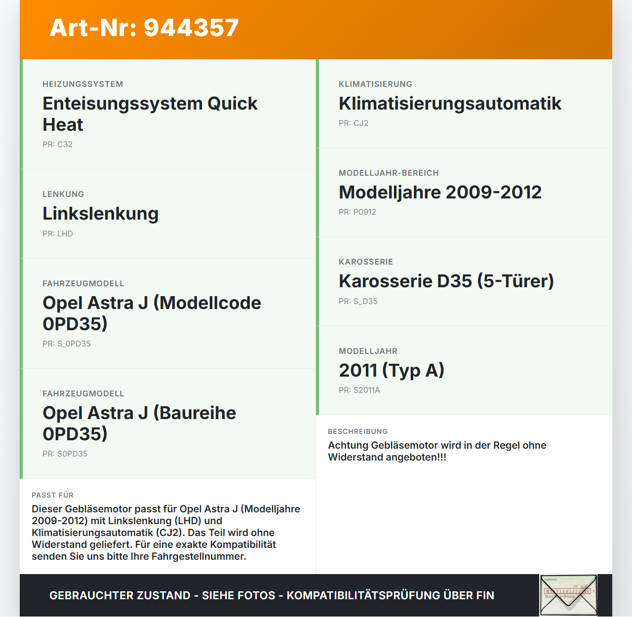 Opel Astra J 09-12 Gebläsemotor Lüftermotor Heizungsgebläse Opel Astra J 09-12 31.03.2011 13276230 U7253002 gebraucht Vorschau 3