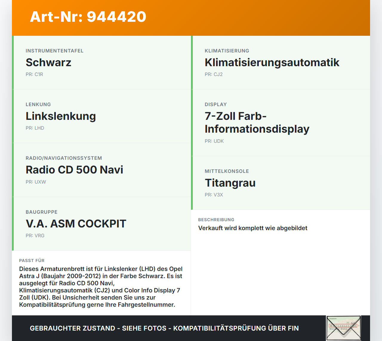Opel Astra J 09-12 Armaturenbrett Panel komplett Opel Astra J 09-12 31.03.2011 13314406 gebraucht Vorschau 3